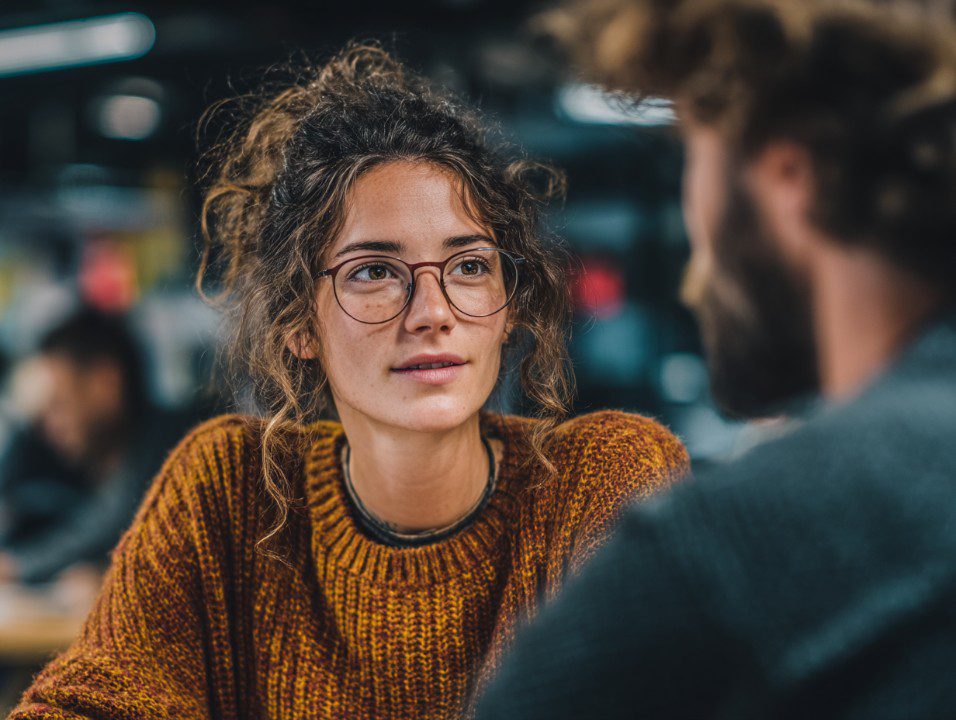 A woman wearing glasses listens attentively during a workplace feedback discussion in a modern, casual office environment.