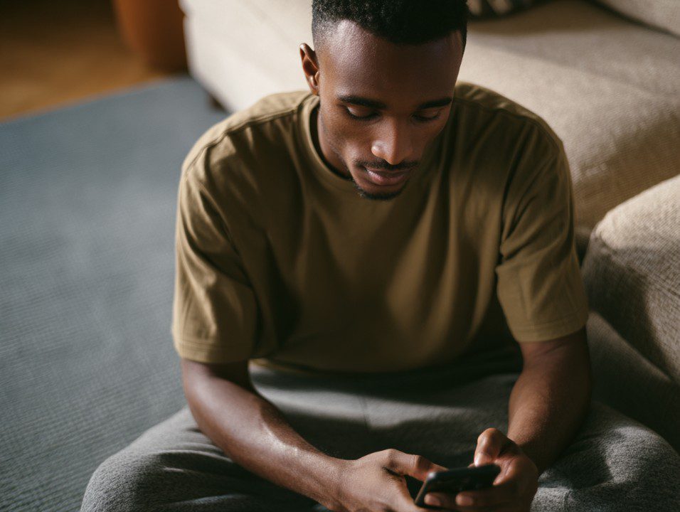 Young man sitting casually on a carpet in a cozy living room, focused on using his smartphone, depicting modern digital lifestyle.