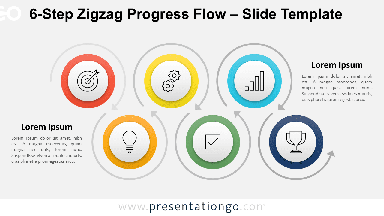 Widescreen layout of the 6-step zigzag progress flow for PowerPoint and Google Slides with vibrant icons on a light background.