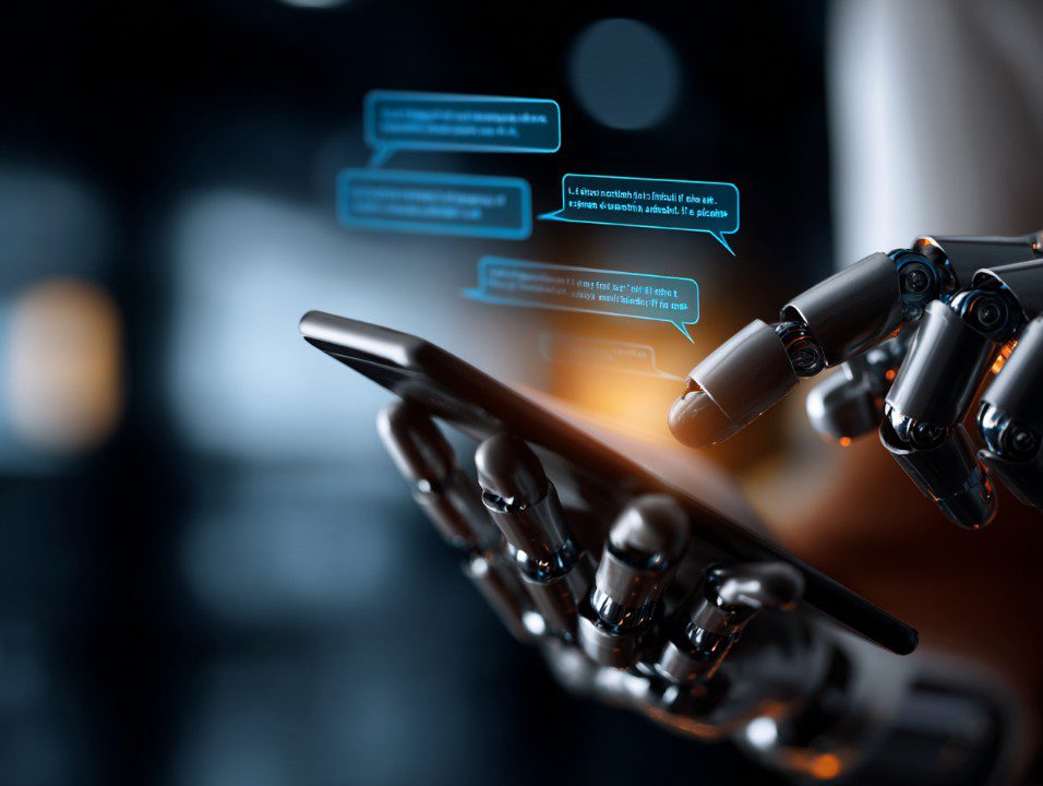 Close-up of a robotic hand holding a tablet with glowing chatbot messages, representing AI and digital communication.