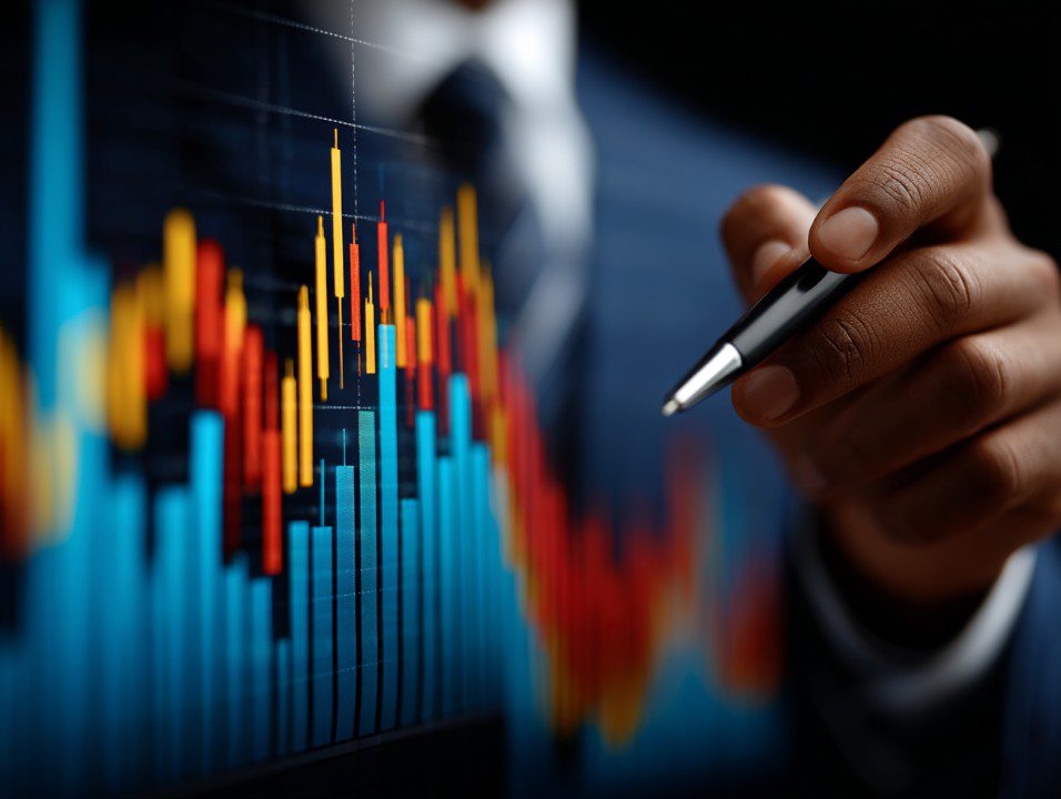 Business professional pointing to colorful financial charts with market trends and investment data for analysis and strategy.