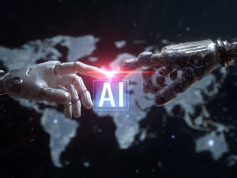 Futuristic robotic hands reaching toward a glowing AI symbol with a world map background, symbolizing global artificial intelligence innovation.