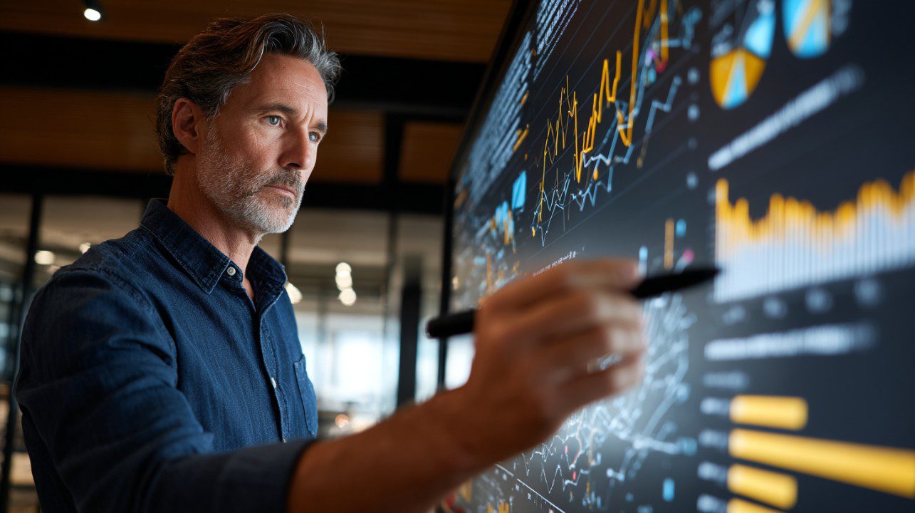 Man analyzing business data charts on a touchscreen in modern office, ideal for presentations on analytics and strategy.