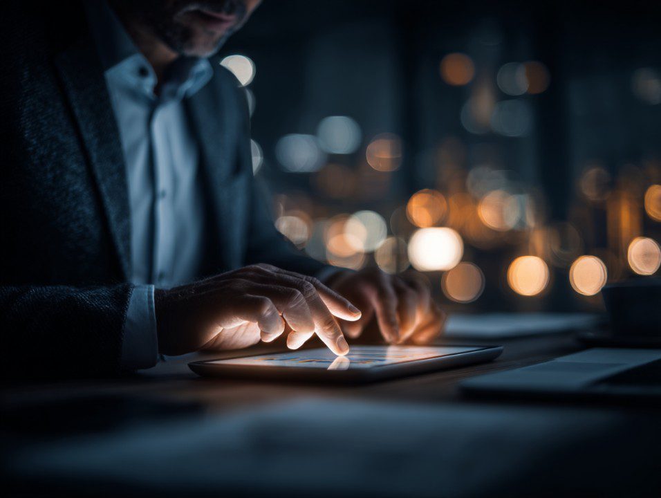 Businessman working on a tablet in a dimly lit office environment, representing digital work and late-night productivity.