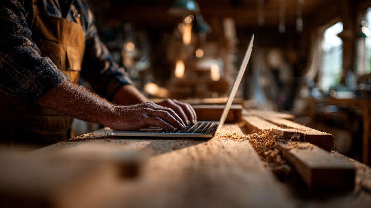 A close-up of a carpenter using a laptop in a wood workshop surrounded by sawdust and wooden planks, blending tech and craft.