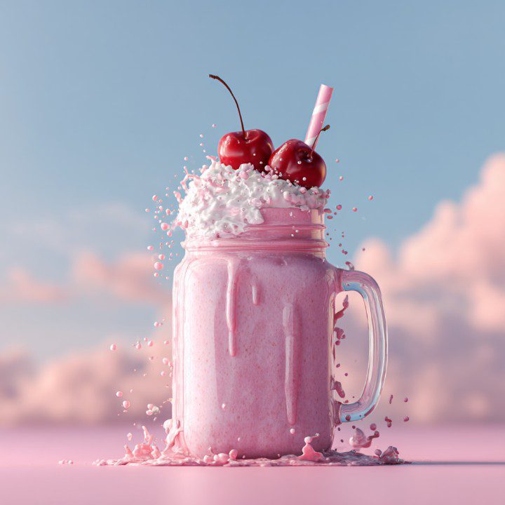 A pink cherry milkshake topped with whipped cream and cherries splashing in a glass mason jar against a pastel sky background.