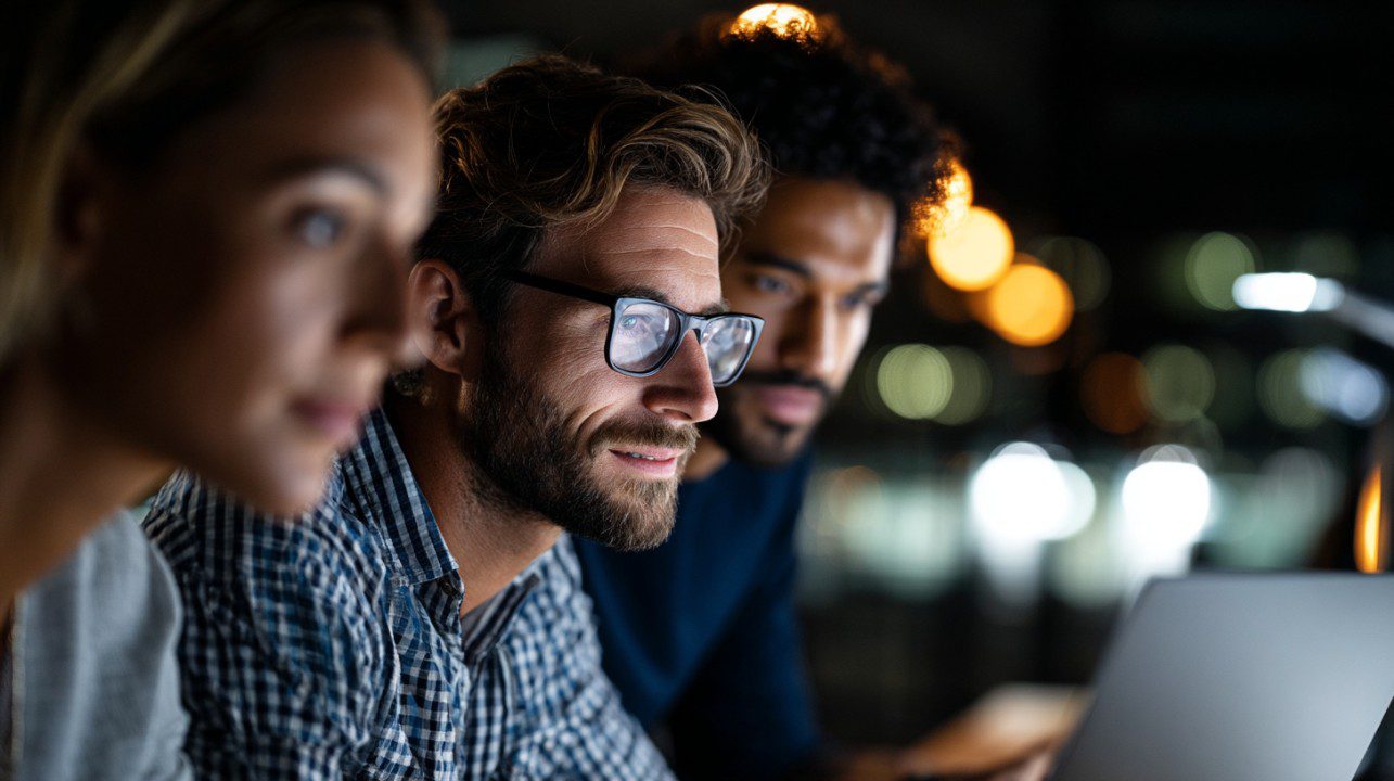 Three creative professionals working late on a project, intently focused on a screen in a modern office.