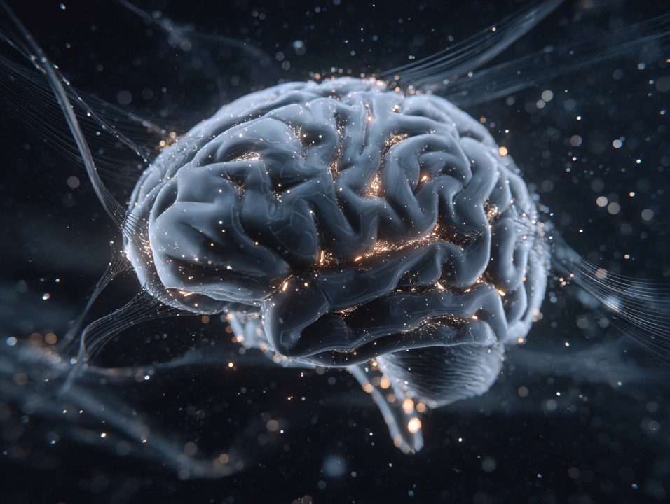 3D digital rendering of a glowing human brain with neural networks and particle effects in a high-tech dark environment.