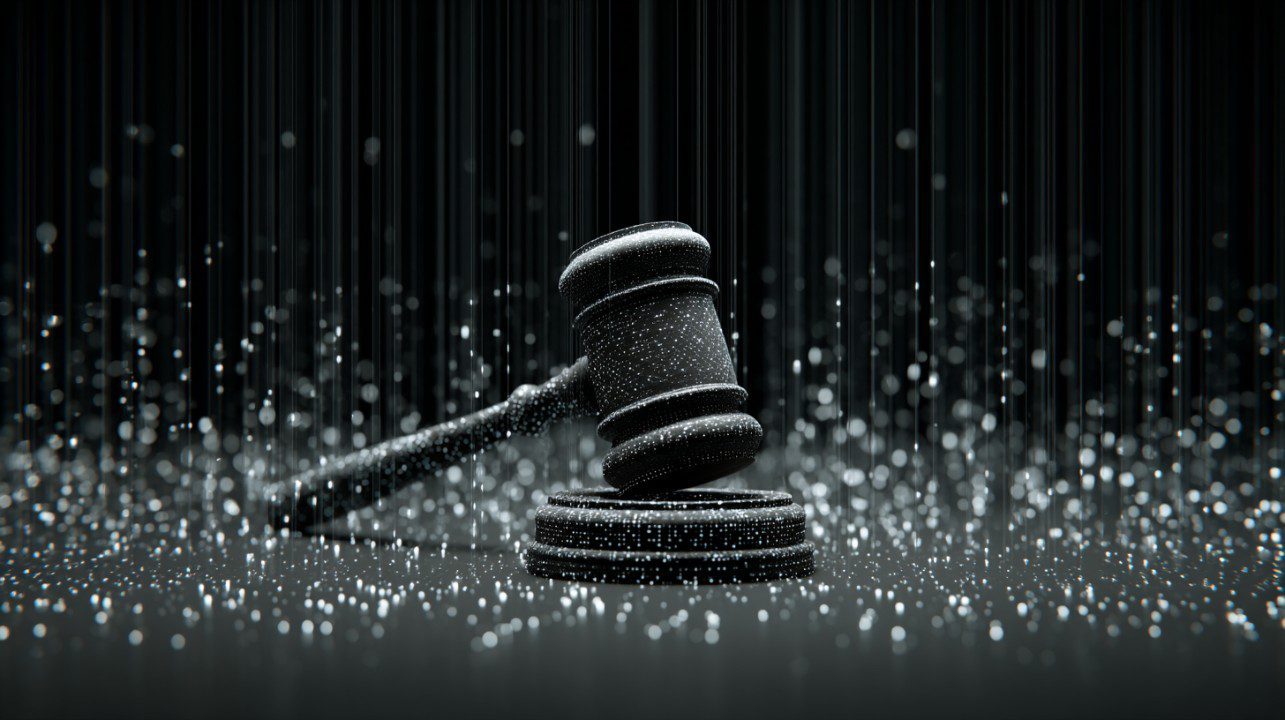 High-tech gavel surrounded by glowing digital lights and binary elements, symbolizing justice in the age of technology.
