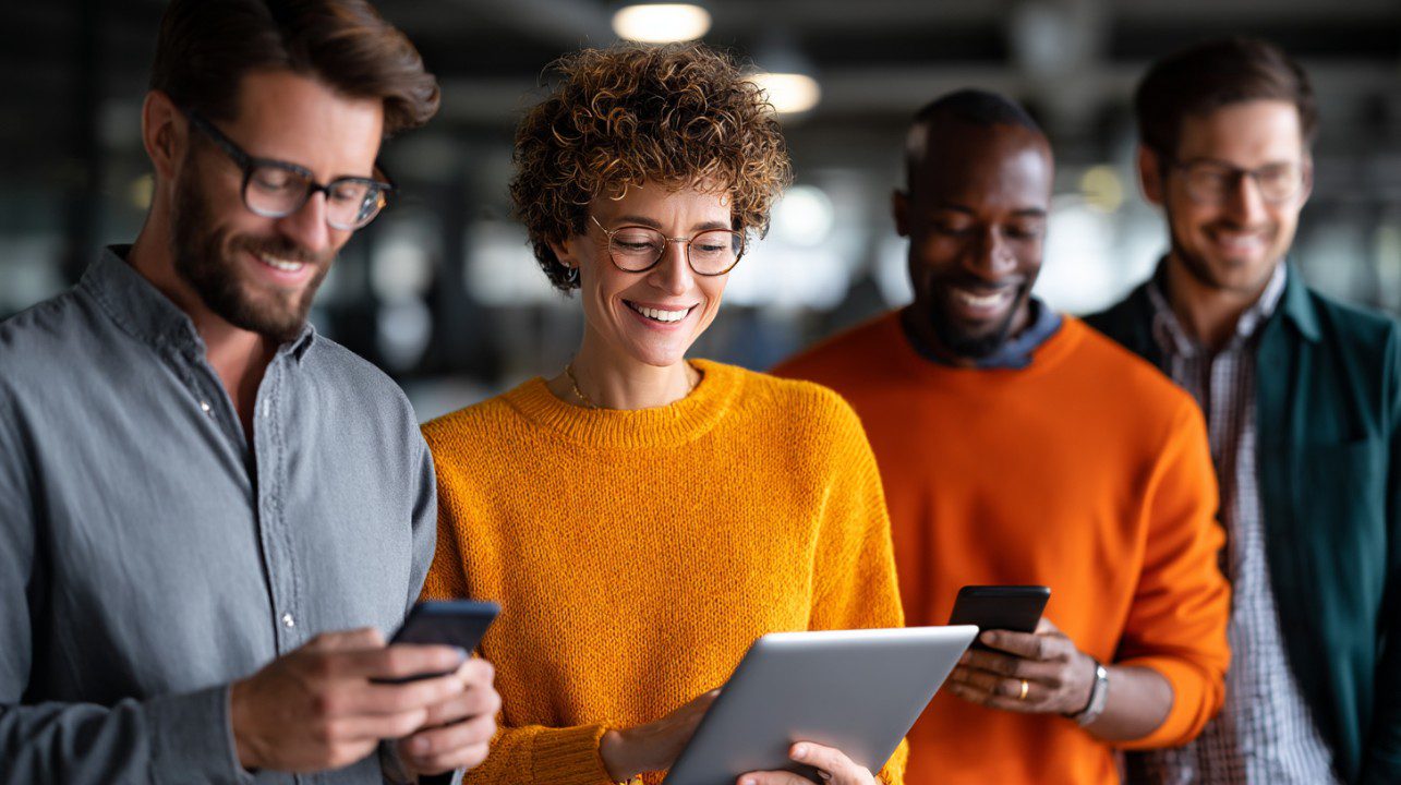 Diverse group of professionals smiling while using smartphones and a tablet, symbolizing teamwork and tech-driven collaboration.