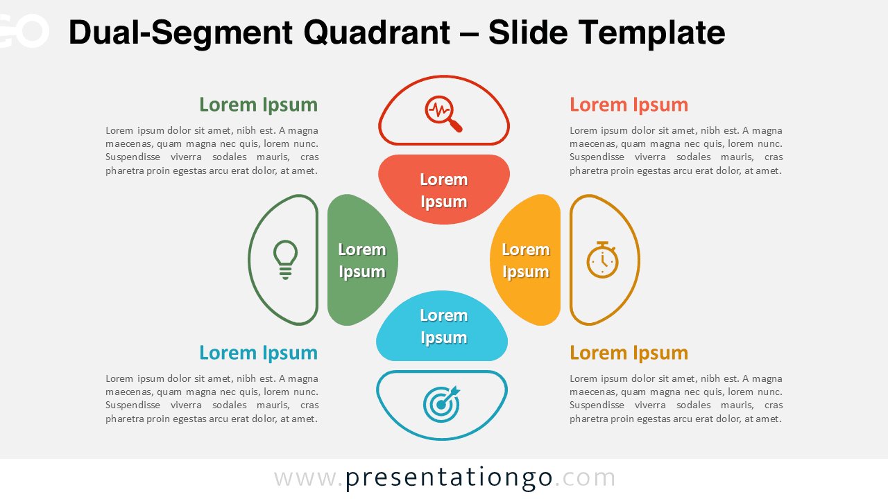 Widescreen quadrant diagram template with dual semi-circular shapes, editable icons, and a light background for Google Slides.