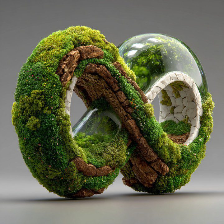 3D-rendered infinity symbol made of moss, bark, glass, and stone—symbolizing sustainability and harmony between nature and technology.
