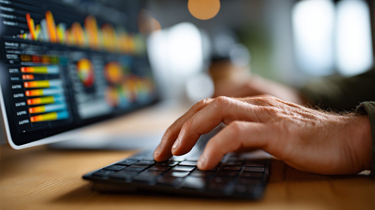 Close-up of hands typing on a keyboard with a digital financial dashboard on a screen, showing charts and analytics visuals.