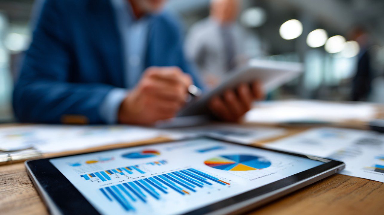 Close-up of a digital tablet displaying financial graphs and charts during a business meeting, symbolizing data-driven strategy.
