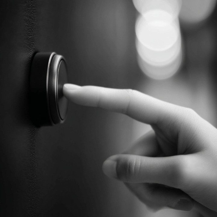 Monochrome close-up of a human finger pressing a circular button, illustrating interaction or control.