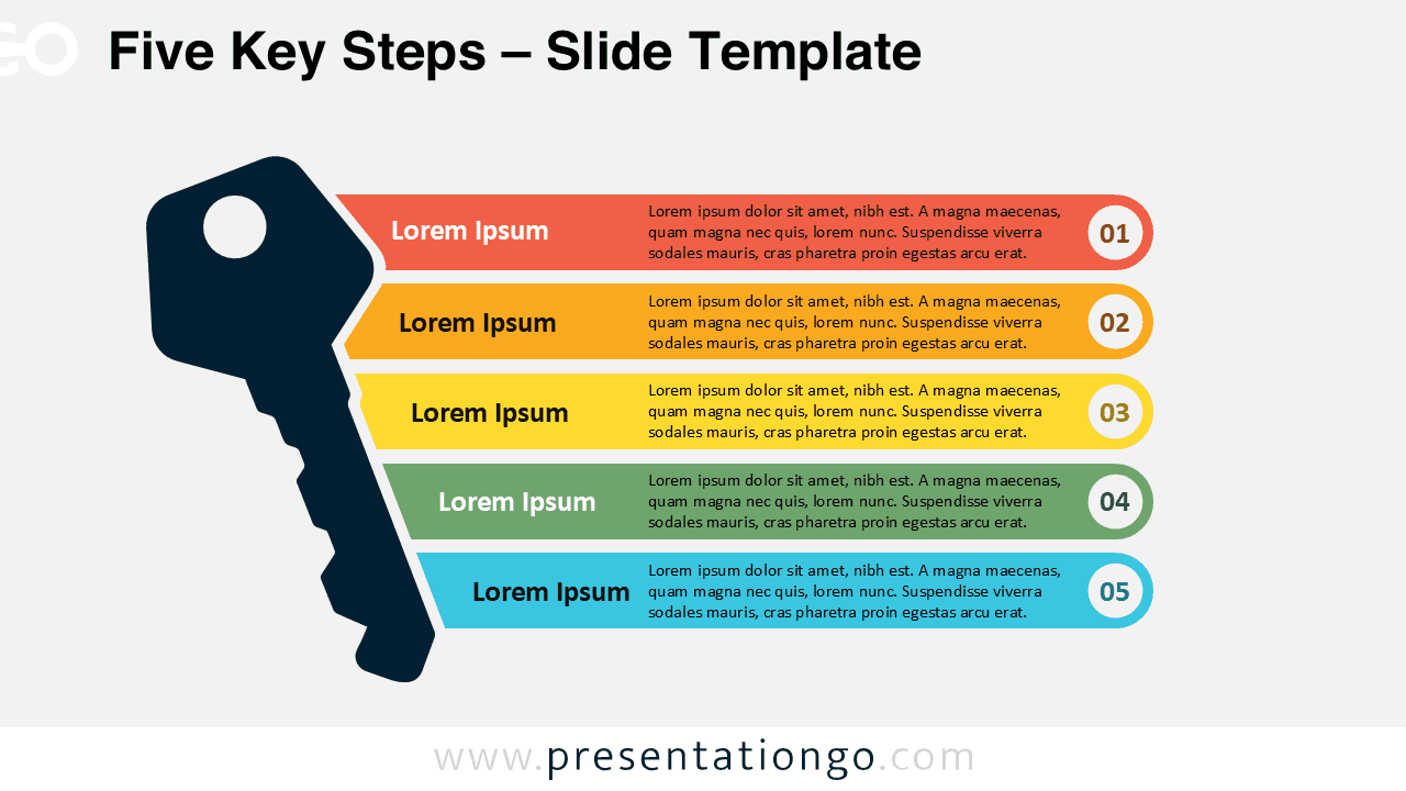 Editable five-step infographic with a symbolic key on a light background, ideal for PowerPoint and Google Slides templates.
