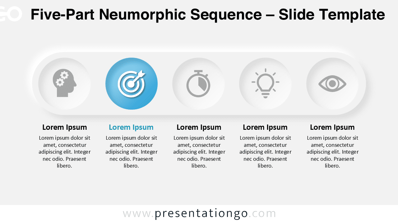 Light-themed five-step neumorphic sequence slide with circular icons, ideal for Google Slides and PowerPoint presentations.