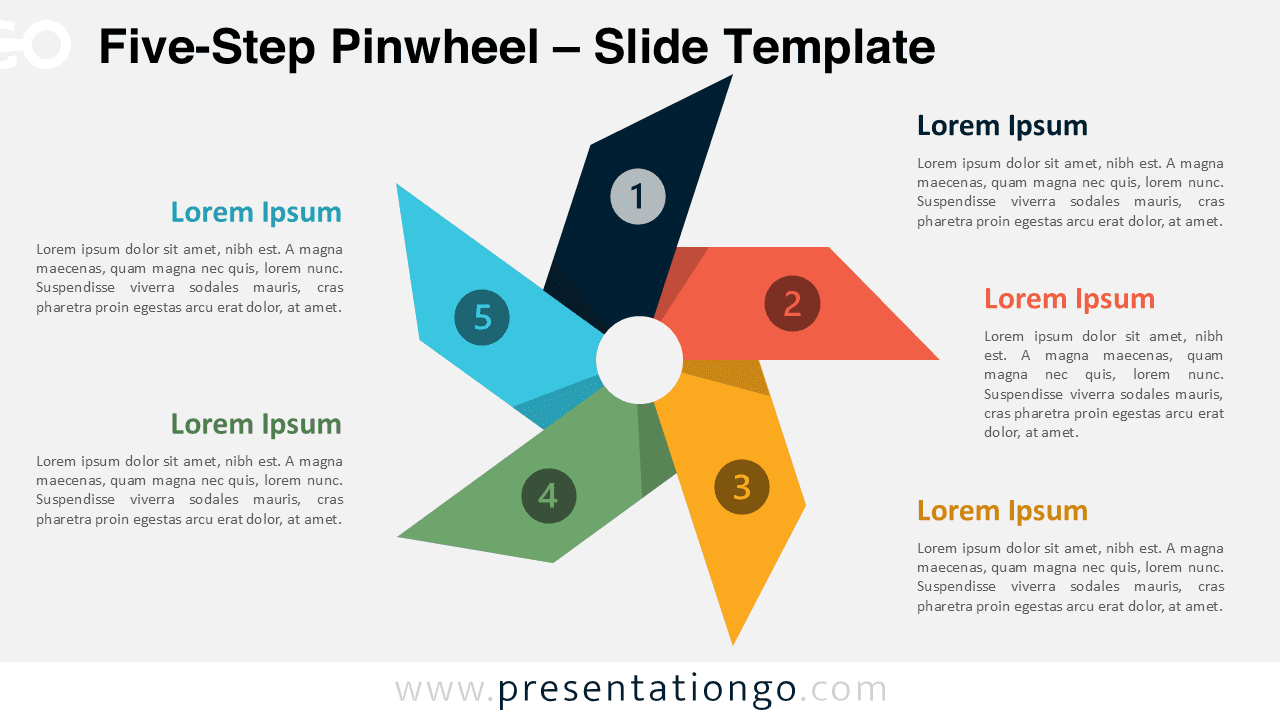 Widescreen pinwheel diagram with five color-coded steps, ideal for Google Slides and PowerPoint presentations with light backgrounds.