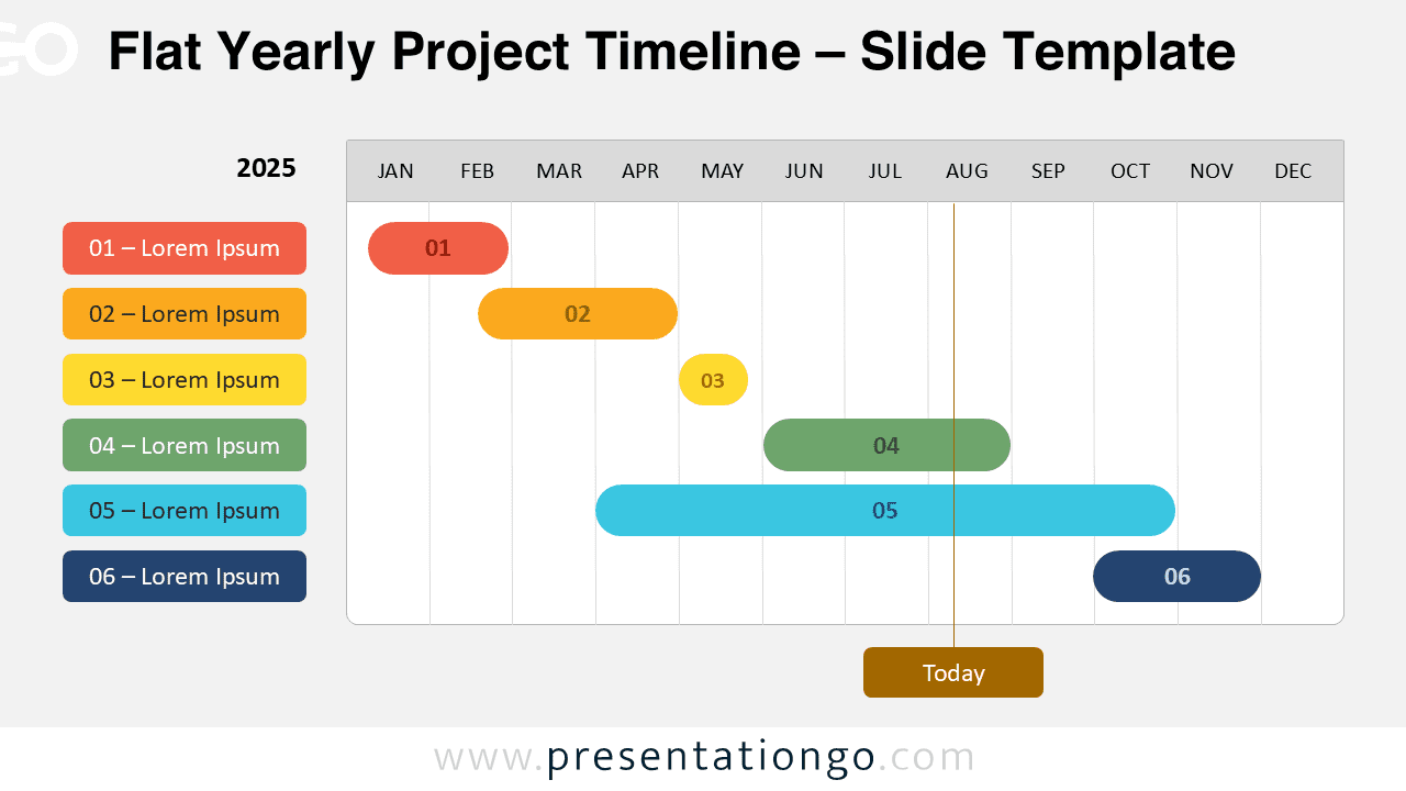 Light background flat yearly project timeline showing six color-coded phases on a horizontal Gantt chart for Google Slides and PowerPoint.