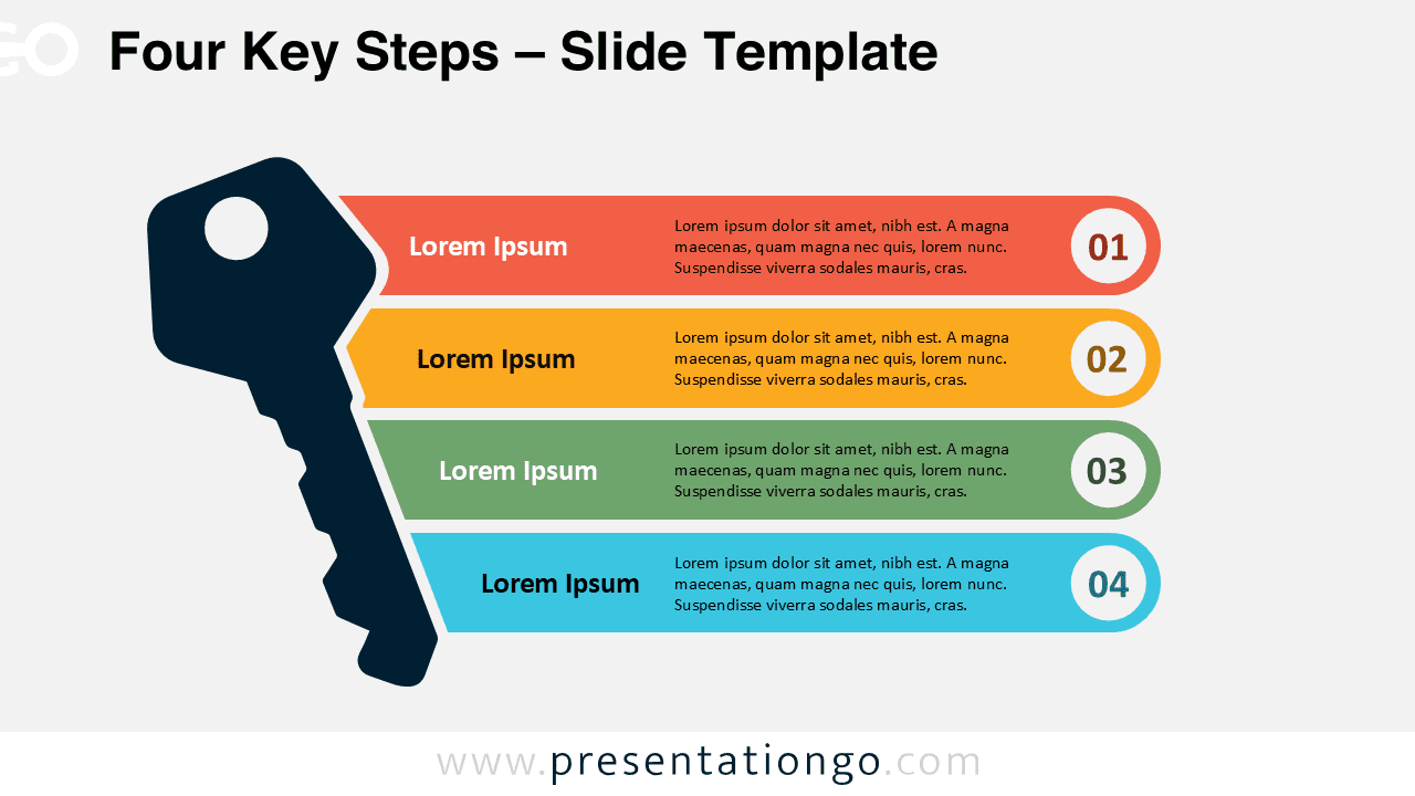 Widescreen infographic with four numbered steps in horizontal bars and a key icon, for Google Slides and PowerPoint use.
