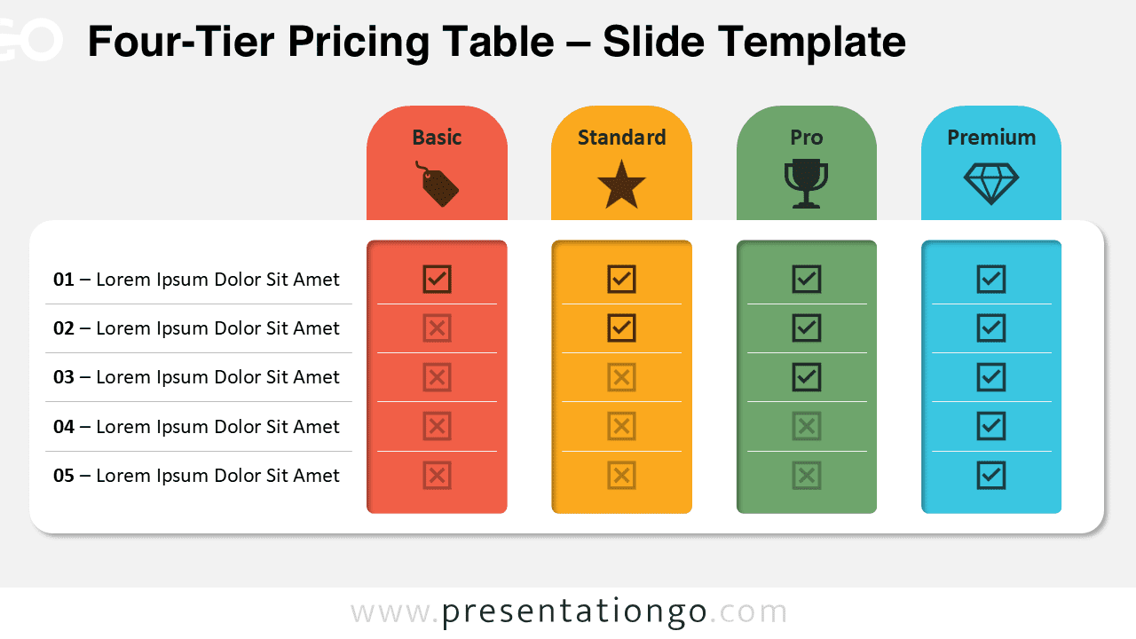 Slide 1 of the four-tier pricing table template displays a neutral layout with equal headers for comparing four plans and five features.