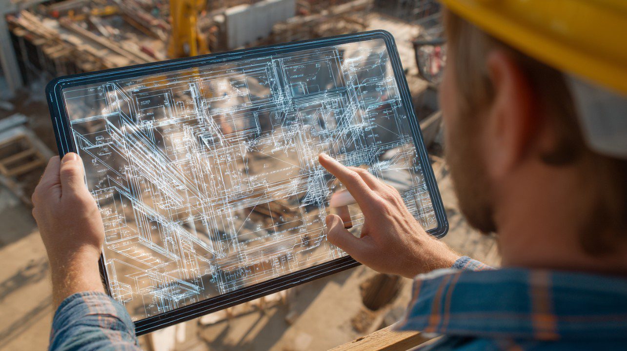 An architect holding a transparent digital tablet displaying blueprints, with a blurred construction site in the background.