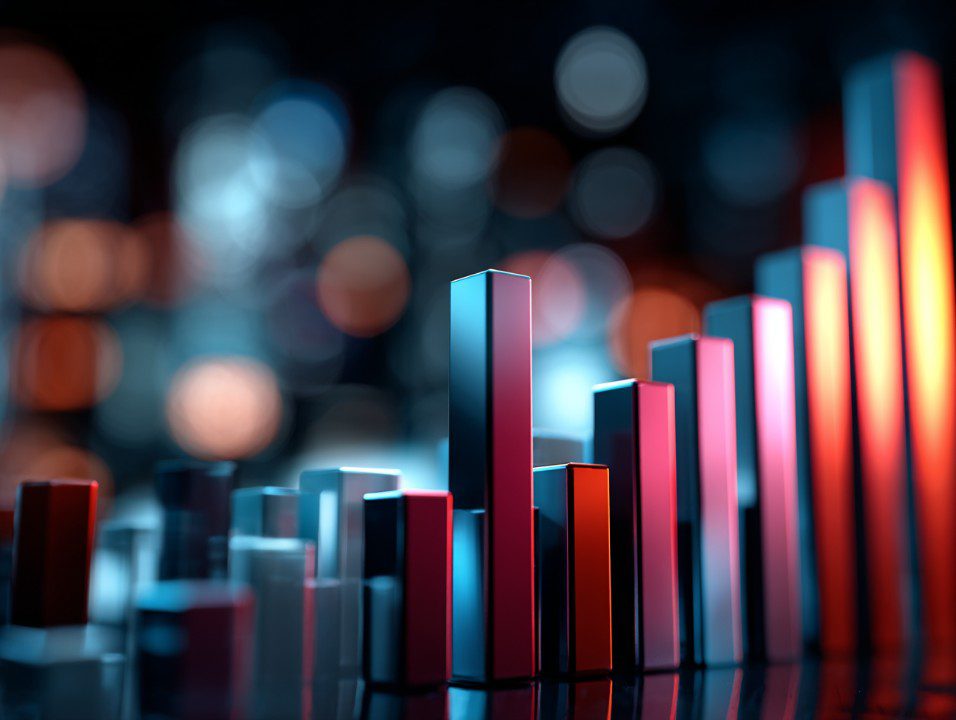 Futuristic 3D bar graph in glowing neon red and blue, symbolizing business growth, data analytics, and financial success.