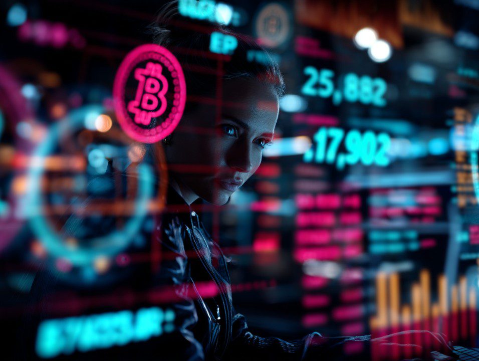 A female cryptocurrency trader working in a neon-lit environment with digital Bitcoin charts and futuristic data displays.