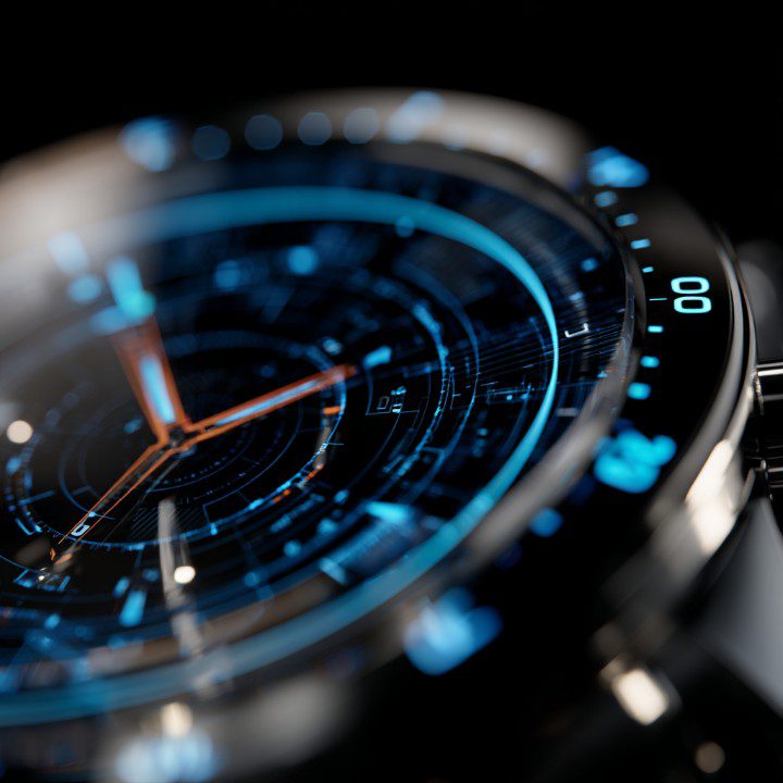 Close-up image of a high-tech futuristic watch face with glowing blue holographic interface and digital indicators.