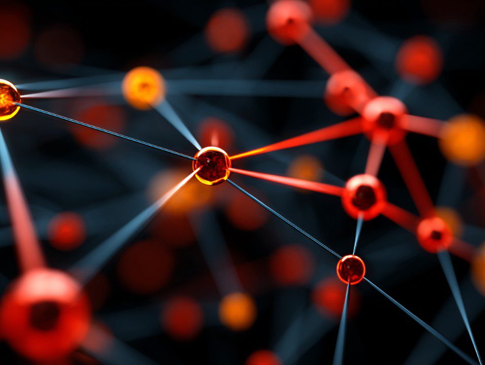 Glowing abstract digital network with interconnected red and orange nodes connected by thin lines on a dark background.
