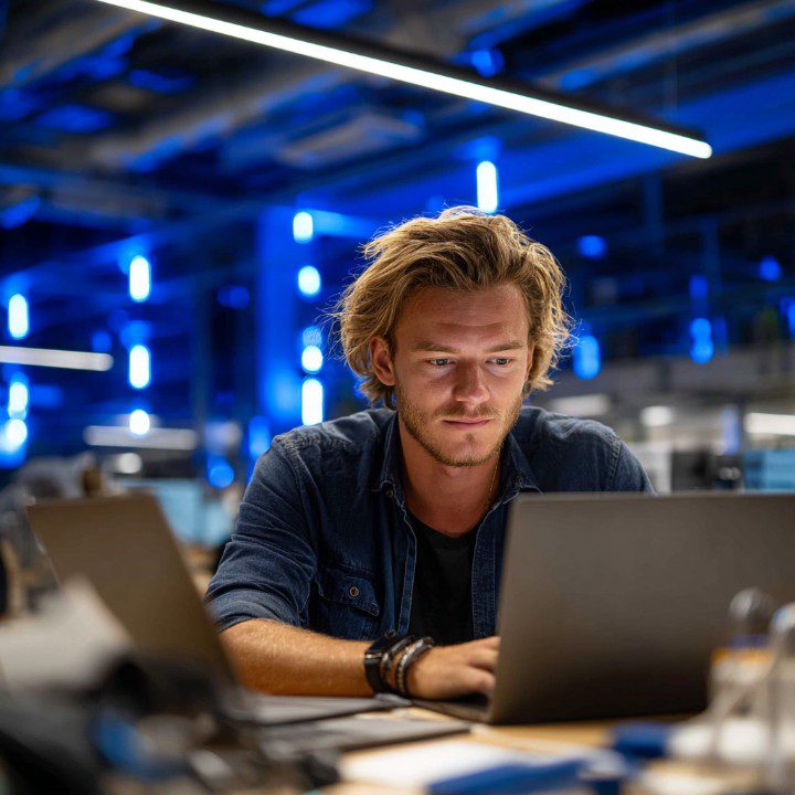 A mobile developer works on a laptop in a blue neon-lit tech office, representing innovation and late-night coding culture.