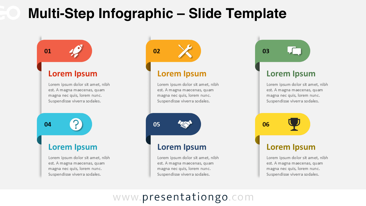 Six-step infographic slide for PowerPoint and Google Slides with a light background and alternating ribbon-style headers.