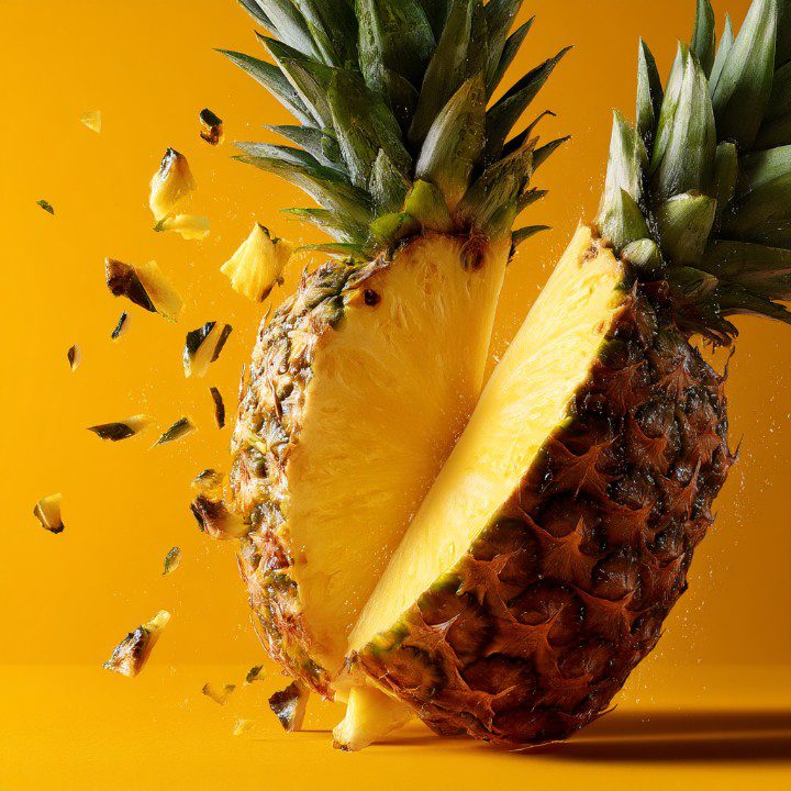 A pineapple caught mid-slice with vibrant yellow flesh and fragments flying, symbolizing freshness, fruit, and tropical flavor.