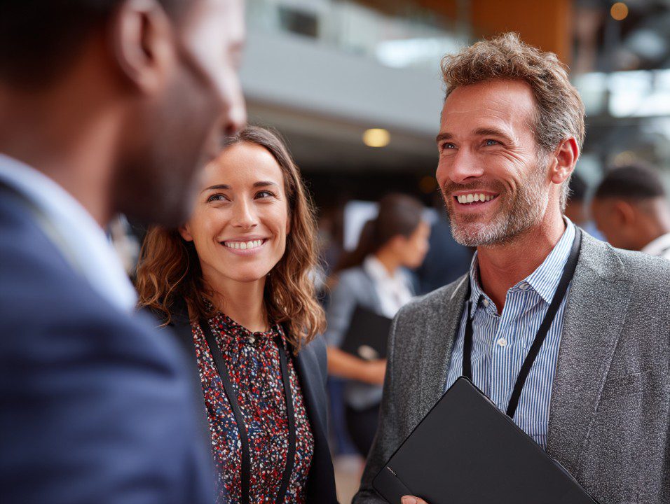 Smiling business professionals engaging in a conversation at a corporate networking event, captured in a modern setting.