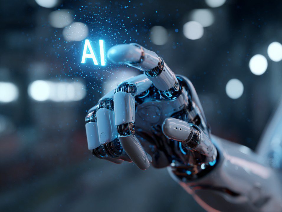 Close-up of a robotic hand reaching toward glowing "AI" letters in a futuristic, digital environment with blue lighting.