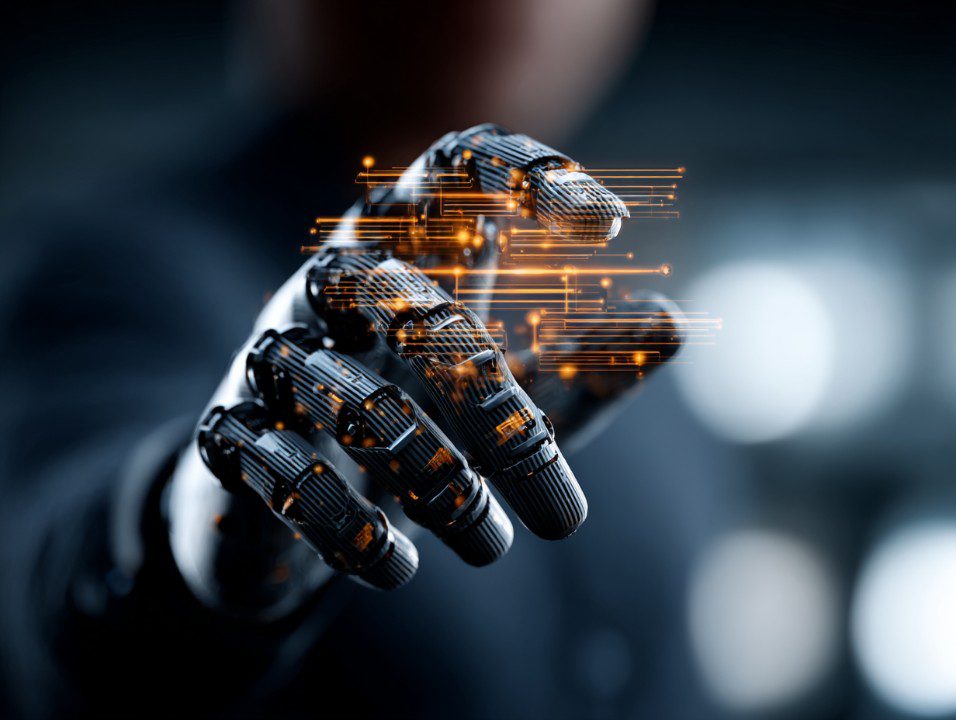 A robotic hand reaching toward glowing orange digital data streams, symbolizing artificial intelligence and machine learning.