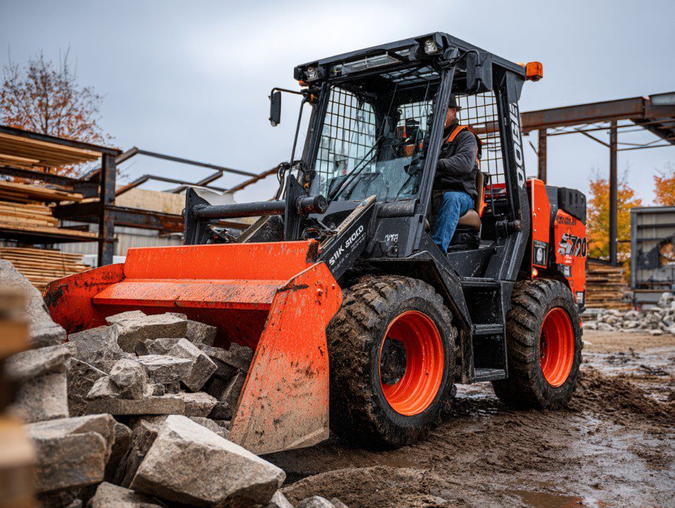 A Skid-Steer loader with an orange bucket clears rocks at a muddy construction site surrounded by steel structures and wood piles.