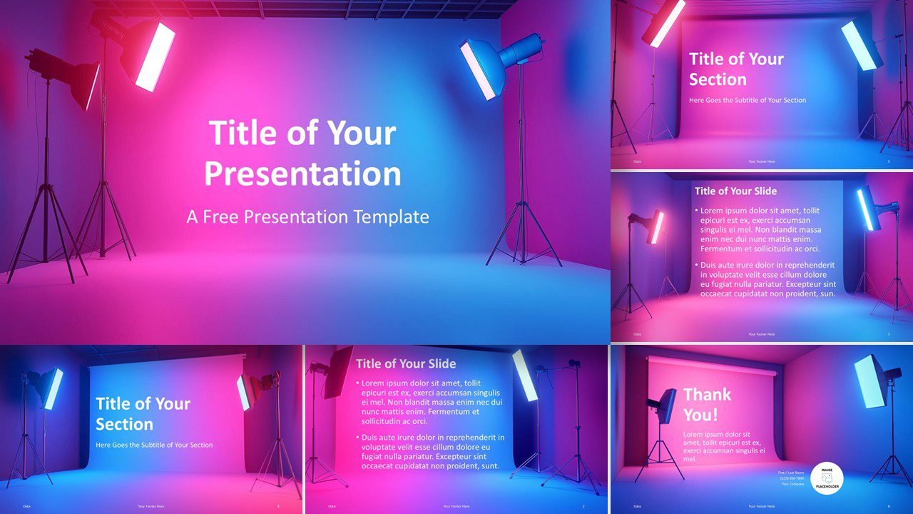 Studio Spotlights Template in widescreen format for PowerPoint and Google Slides, featuring bold layouts and vivid lighting effects.