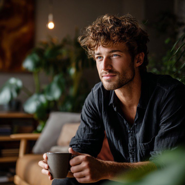 Young man seated on a sofa with a coffee mug, surrounded by houseplants and warm lighting, conveying a calm and thoughtful mood.