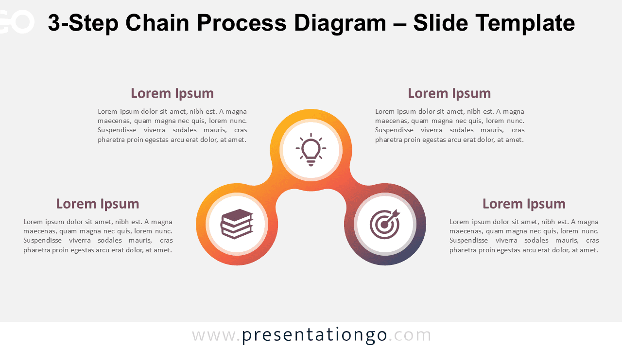 Horizontal 3-step diagram with circular shapes and icons on a light background, fully editable in PowerPoint and Google Slides.