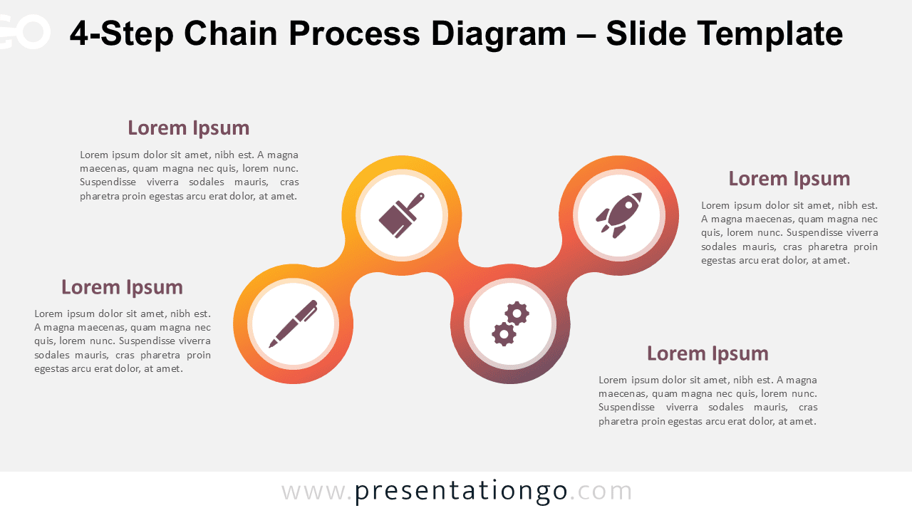 Horizontal 4-step diagram with circular shapes and icons on a light background, fully editable in PowerPoint and Google Slides.