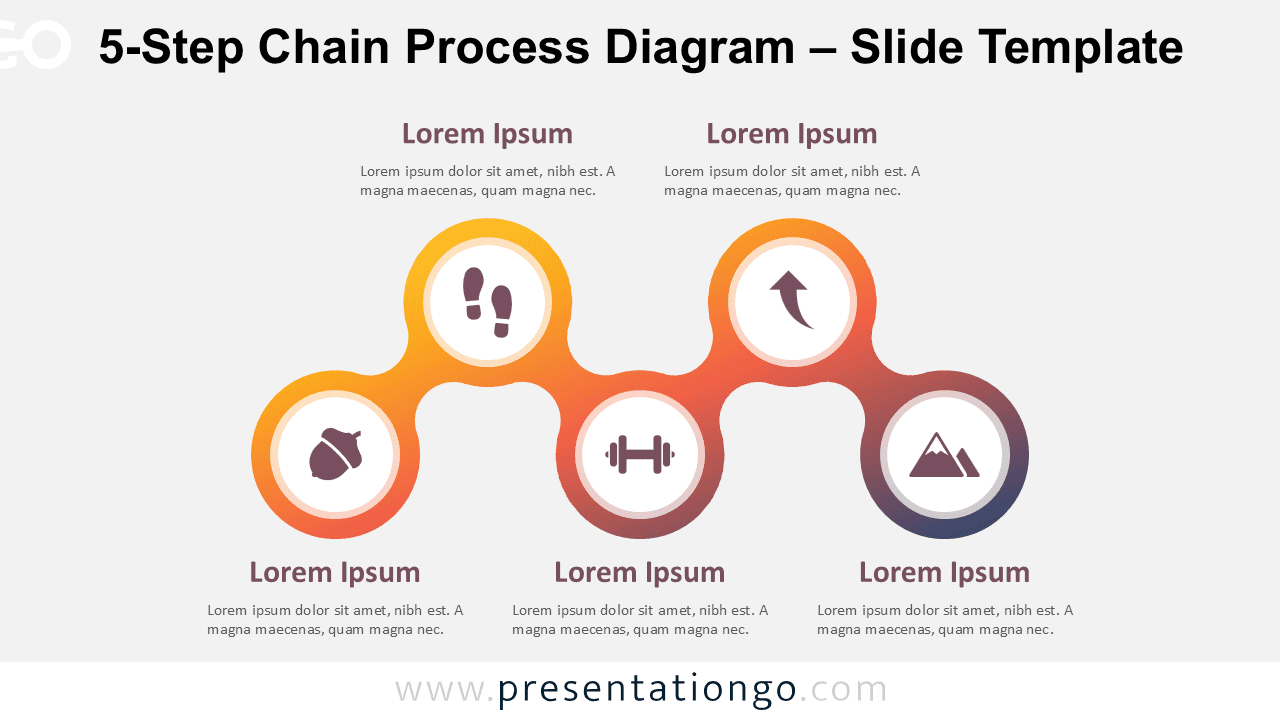Horizontal 5-step diagram with circular shapes and icons on a light background, fully editable in PowerPoint and Google Slides.