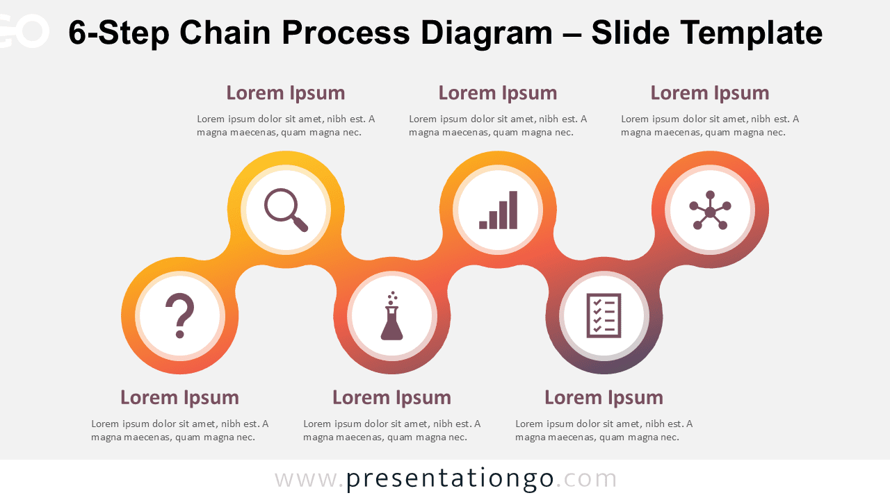 Horizontal 6-step diagram with circular shapes and icons on a light background, fully editable in PowerPoint and Google Slides.