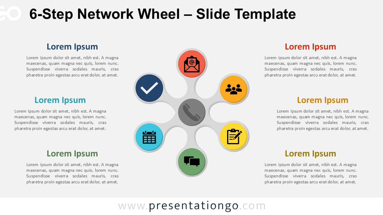 A 6-part network wheel diagram on a light background for Google Slides and PowerPoint, showing icons and editable text blocks.