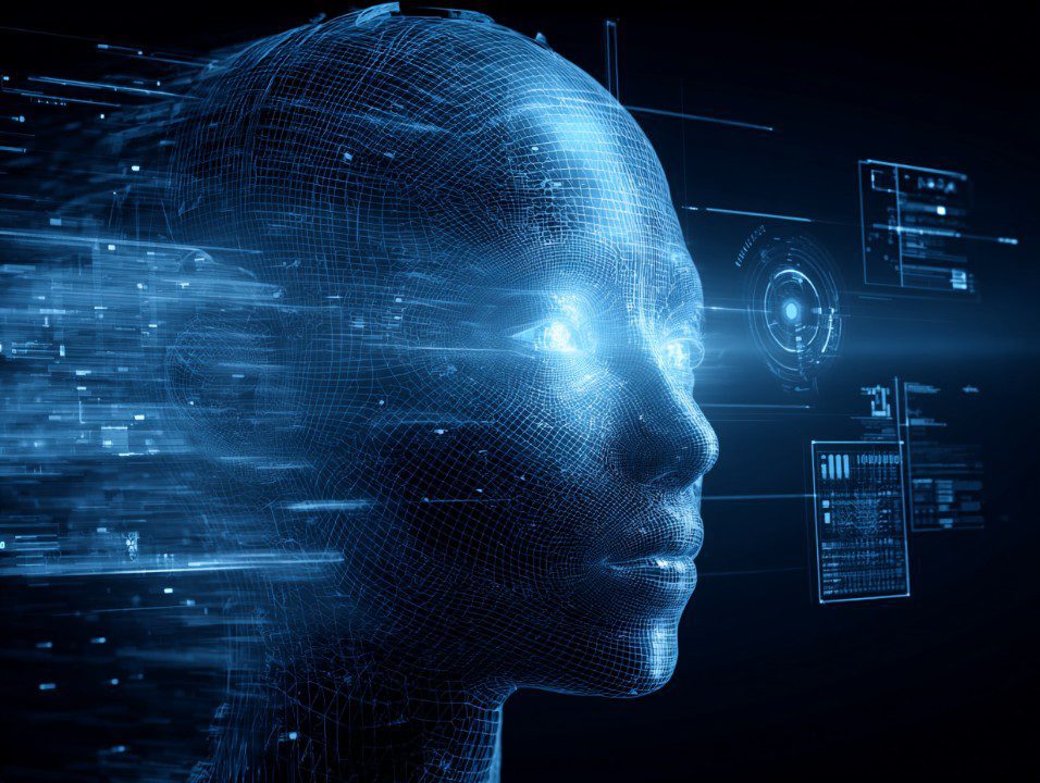 A 3D-rendered glowing blue wireframe human face overlaid with futuristic digital interface elements representing AI technology.