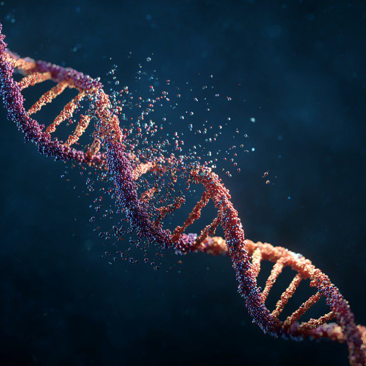 3D-rendered image of a DNA strand splitting into two pieces with molecular particles dispersing, illustrating genetic processes.