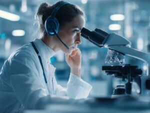 A female scientist in a modern laboratory using a microscope, focused on medical research or diagnostic testing.