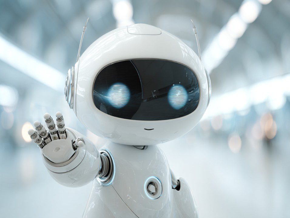A smiling humanoid AI robot with a futuristic design waving its hand, symbolizing innovation, friendliness, and advanced technology.