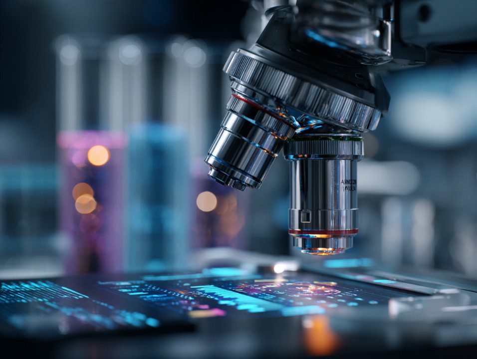 A close-up of a futuristic microscope scanning a digital interface, with colorful test tubes in the background of a modern lab.