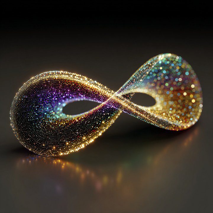 A glowing Möbius strip made of vibrant particles in gold, purple, and teal, representing infinity and geometric beauty.